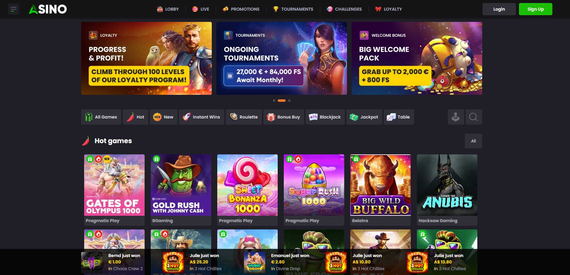 Asino Casino interface screenshot