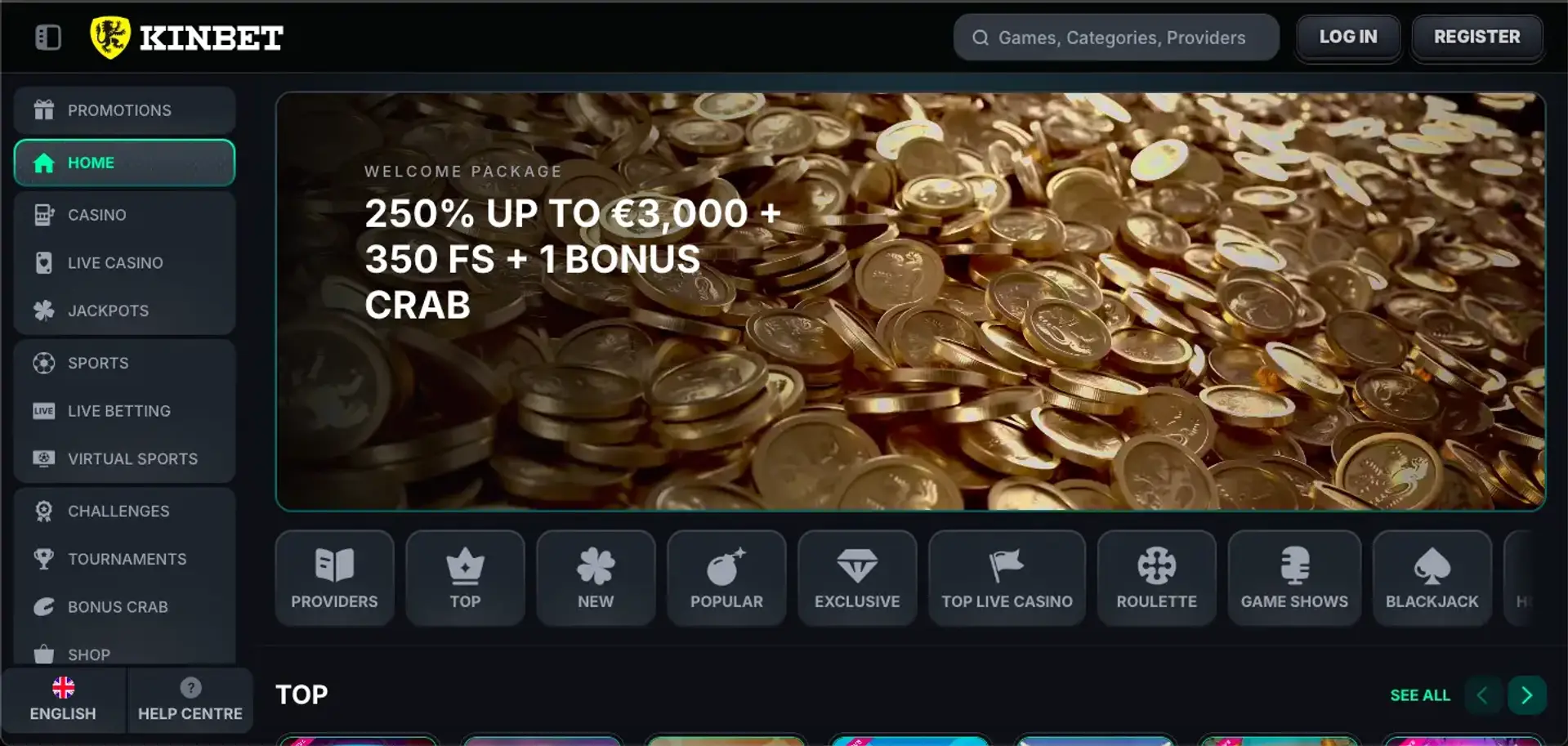 Kinbet Casino interface screenshot